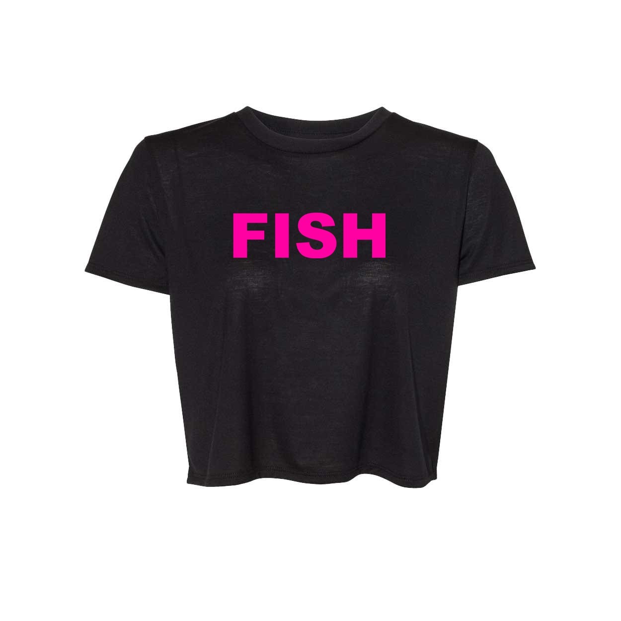 Fish Brand Logo Classic Womens Flowy Cropped Tee Black (Pink Logo)