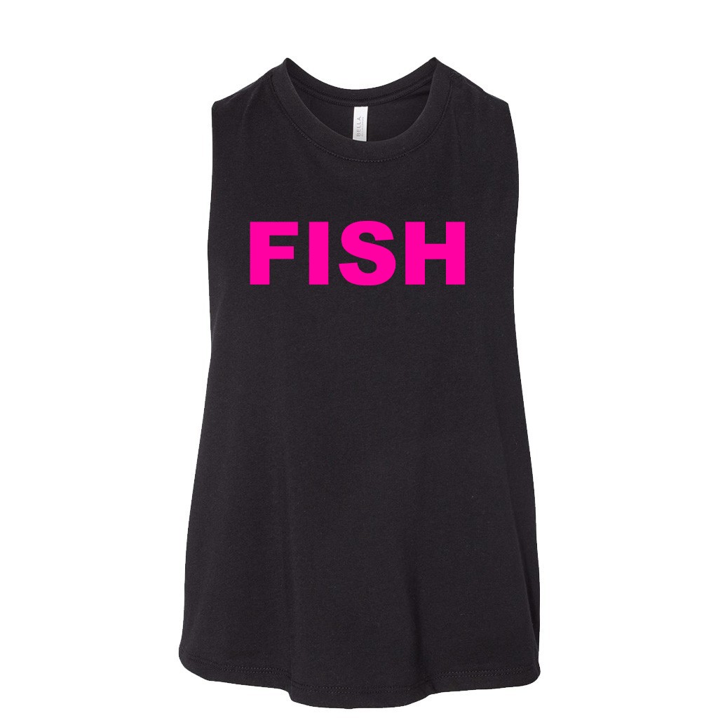 Fish Brand Logo Classic Womens Flowy Semi Cropped Tank Black (Pink Logo)