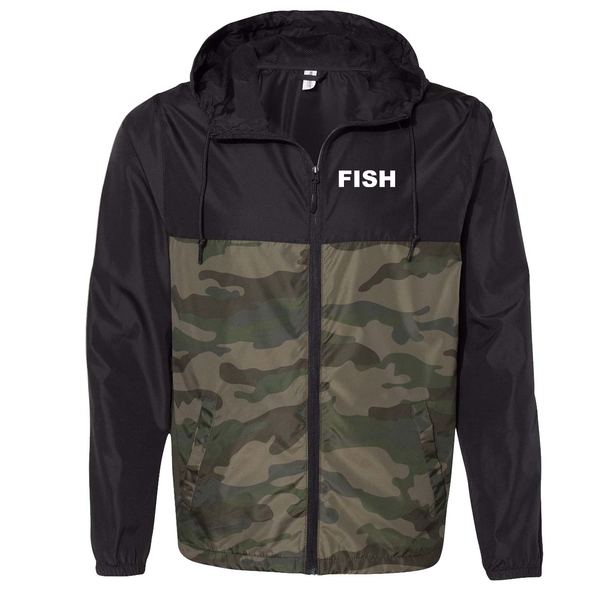 Fish Brand Logo Night Out Lightweight Windbreaker Black/Forest Camo (White Logo)