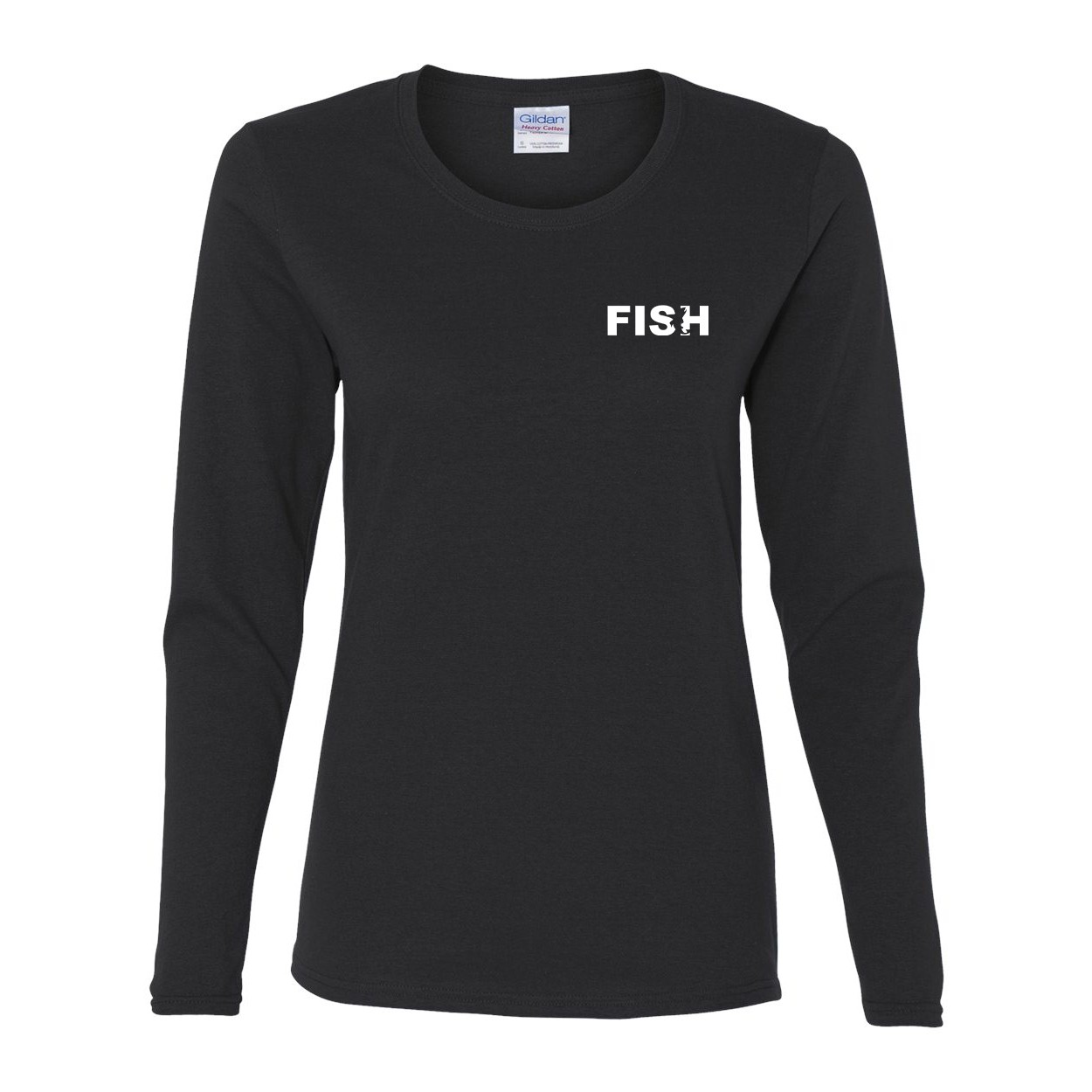 Fish Catch Logo Womens Night Out Long Sleeve Shirt Black (White Logo)