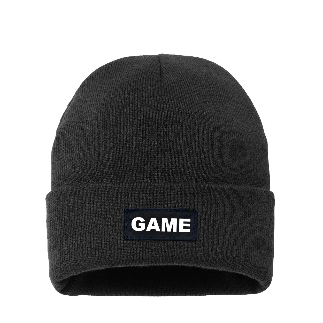 Game Brand Logo Night Out Woven Patch Night Out Sherpa Lined Cuffed Beanie Black (White Logo)