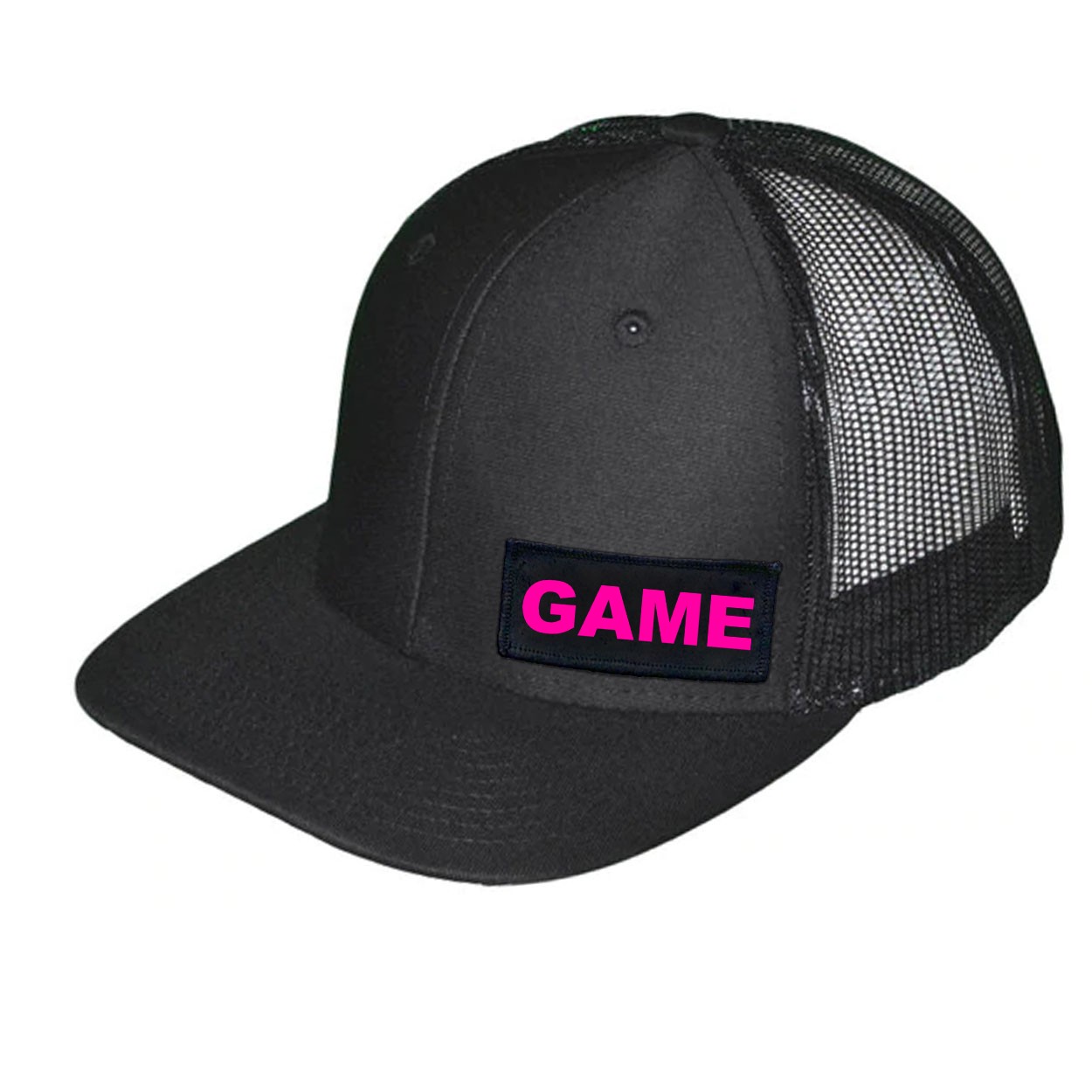 Game Brand Logo Night Out Woven Patch Snapback Trucker Hat Black (Pink Logo)