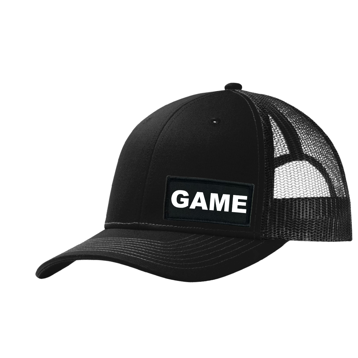Game Brand Logo Night Out Woven Patch Snapback Trucker Hat Black (White Logo)