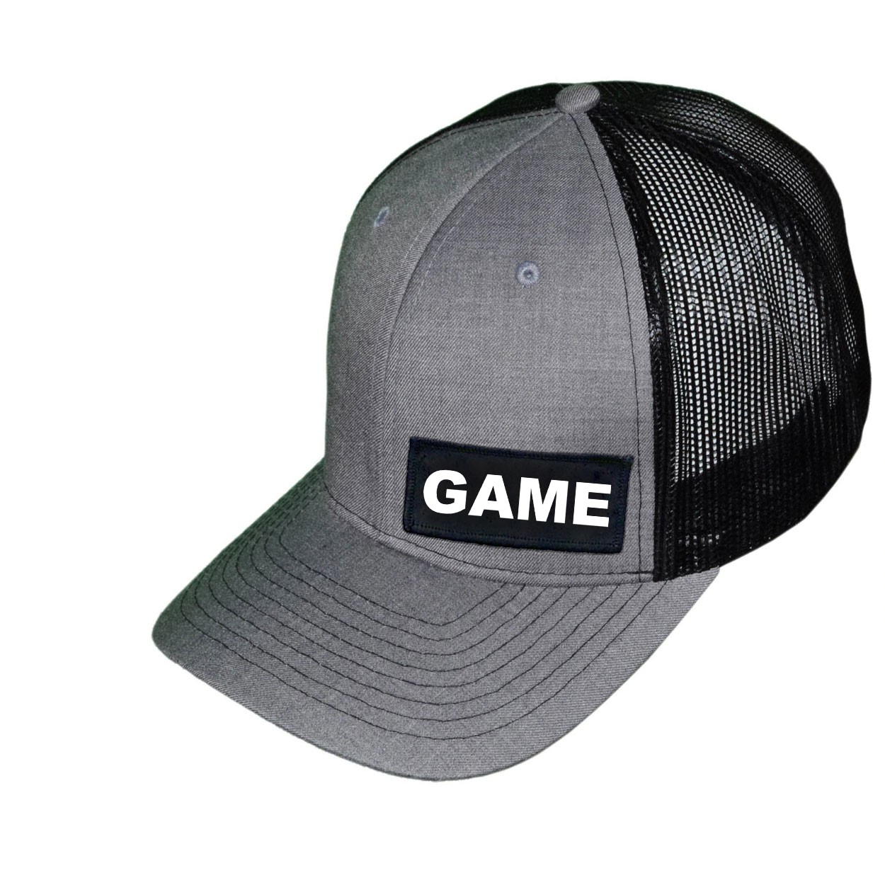 Game Brand Logo Night Out Woven Patch Snapback Trucker Hat Heather Gray/Black (White Logo)