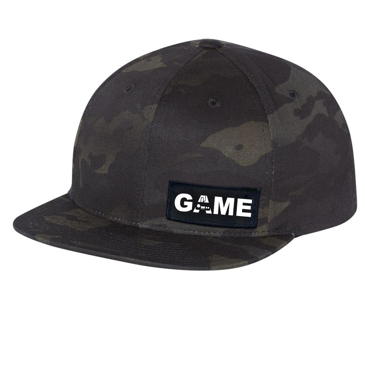Game Controller Logo Night Out Woven Patch Flat Brim Snapback Hat Black Camo (White Logo)