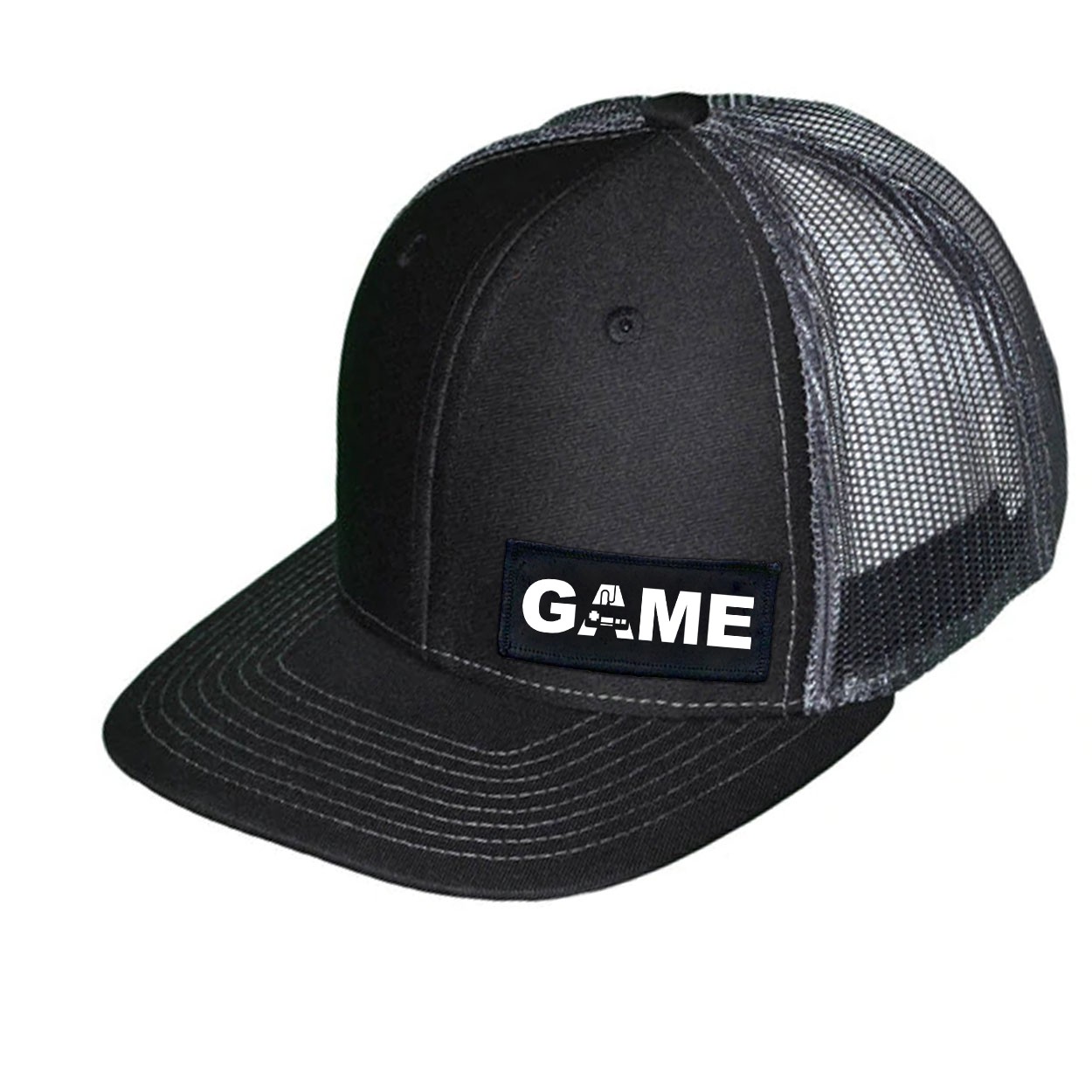 Game Controller Logo Night Out Woven Patch Snapback Trucker Hat Black/Gray (White Logo)