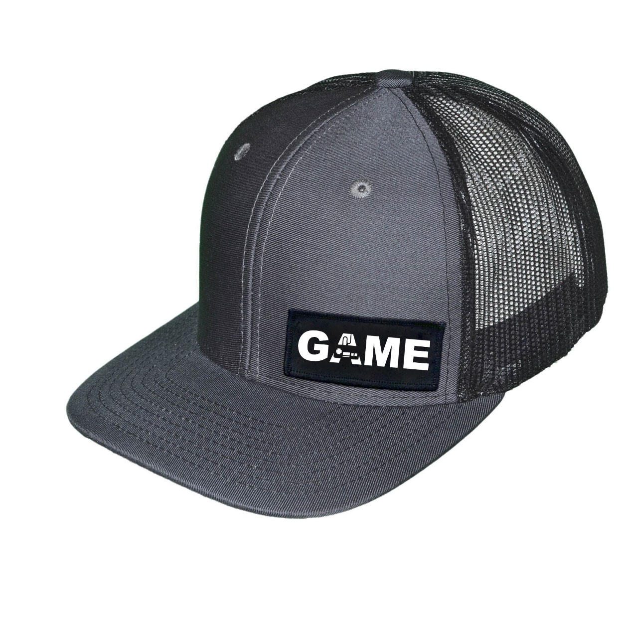 Game Controller Logo Night Out Woven Patch Snapback Trucker Hat Dark Gray/Black (White Logo)