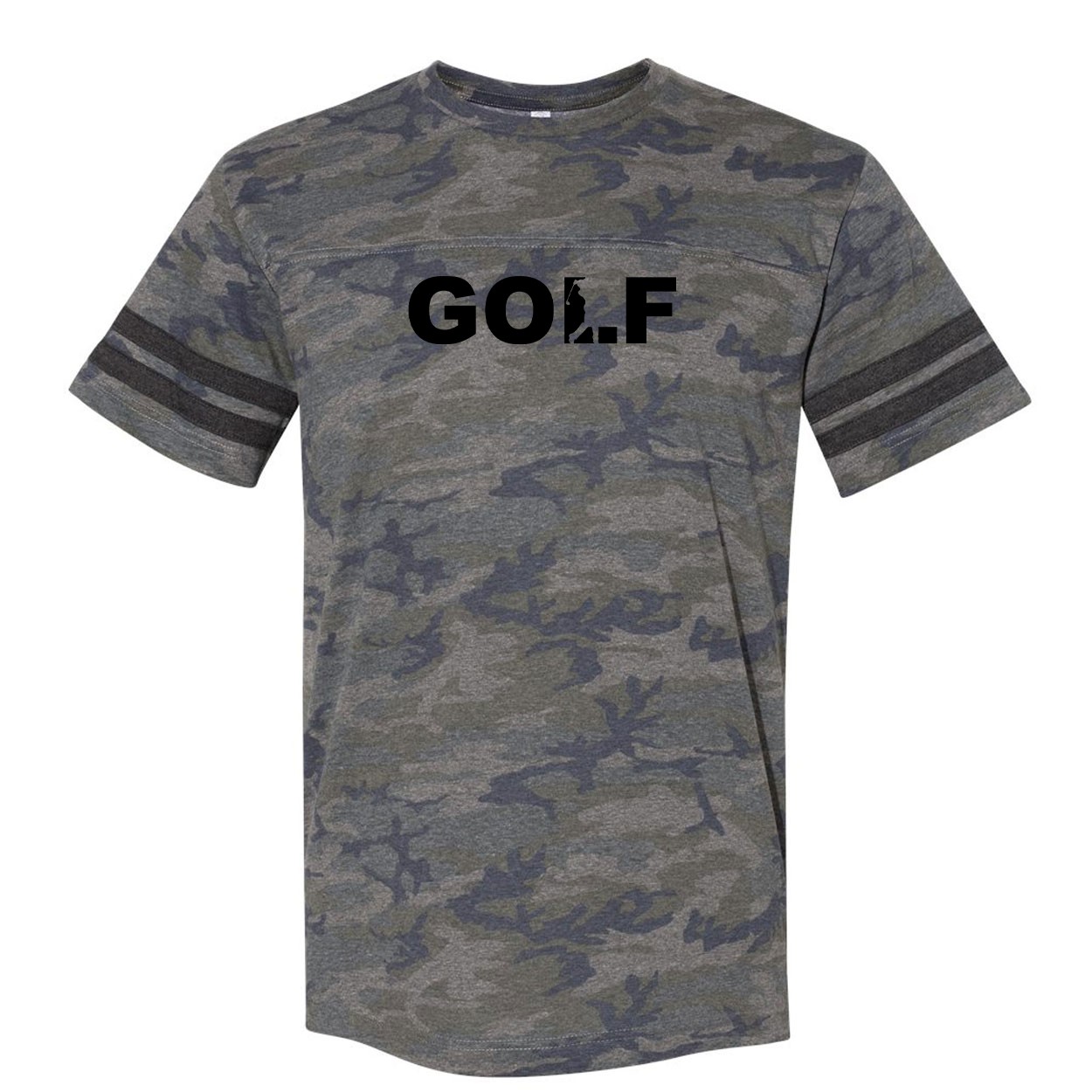 Golf Swing Logo Classic Unisex Premium LAT Jersey T-Shirt Vintage Camo/Vintage Stripes (Black Logo)