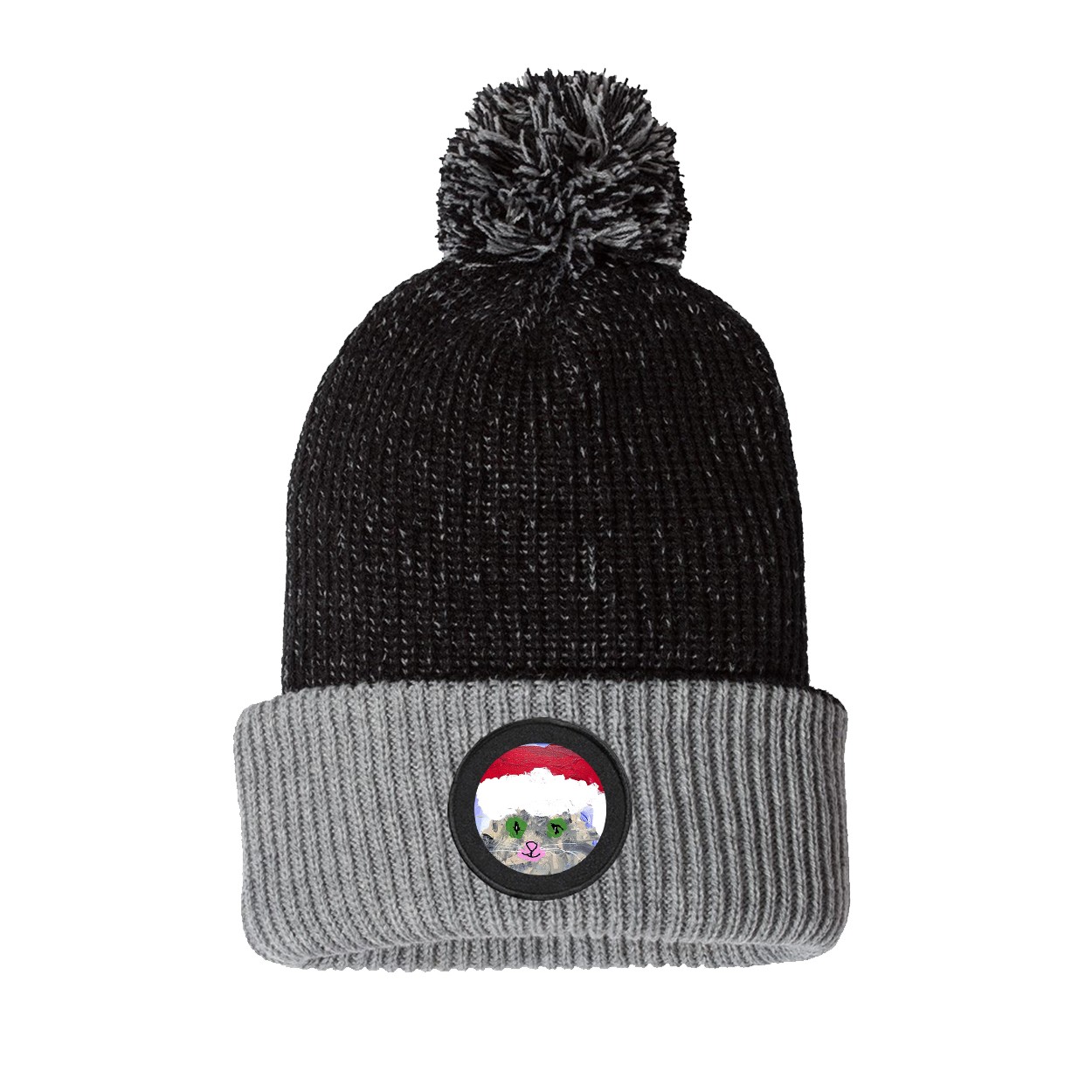 Holiday Cat By Marrie Bottelson Circle Woven Patch Roll Up Pom Knit Beanie Black/Gray (White Logo)