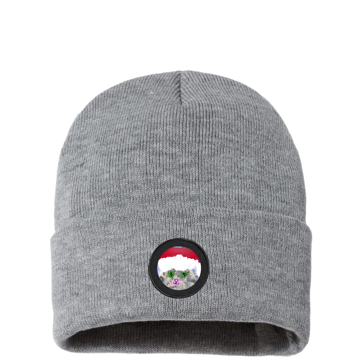 Holiday Cat By Marrie Bottelson Classic Circle Patch Sherpa Lined Cuffed Beanie Heather Gray
