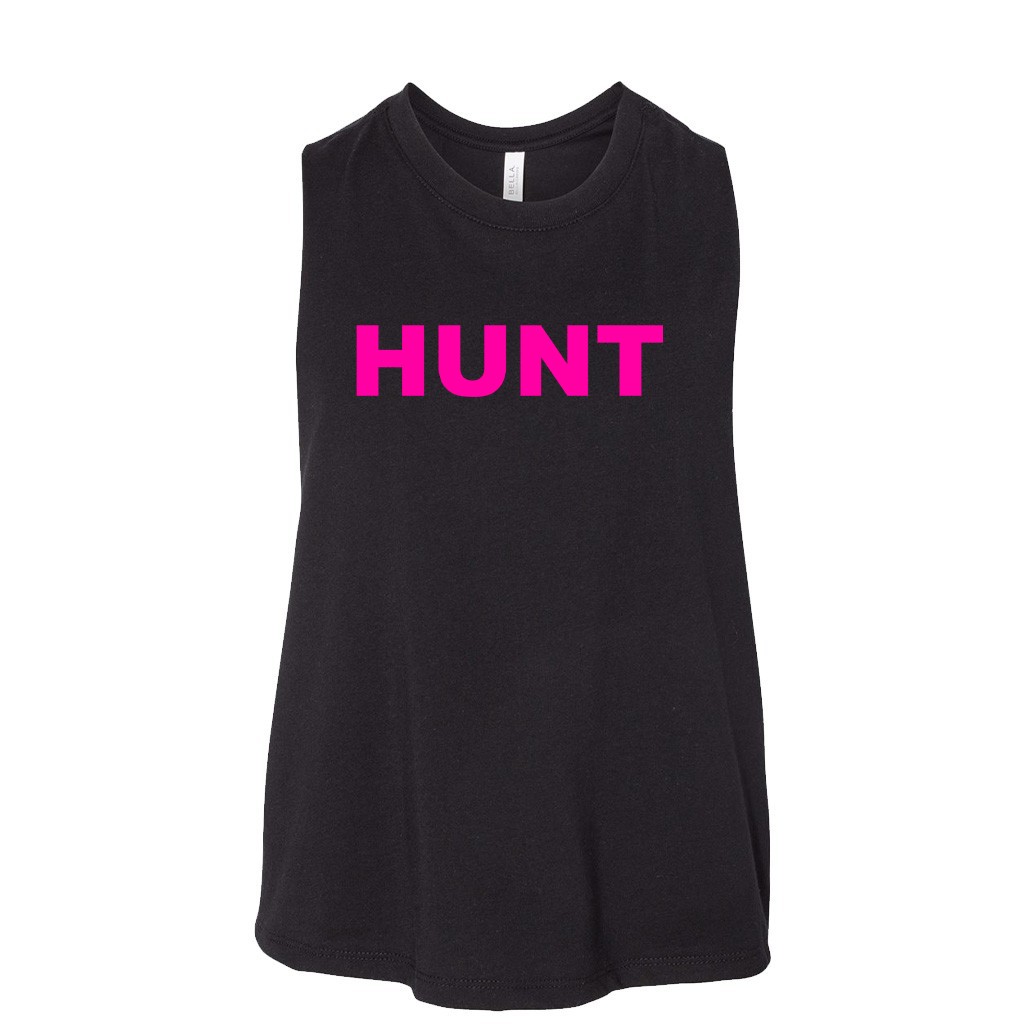 Hunt Brand Logo Classic Womens Flowy Semi Cropped Tank Black (Pink Logo)