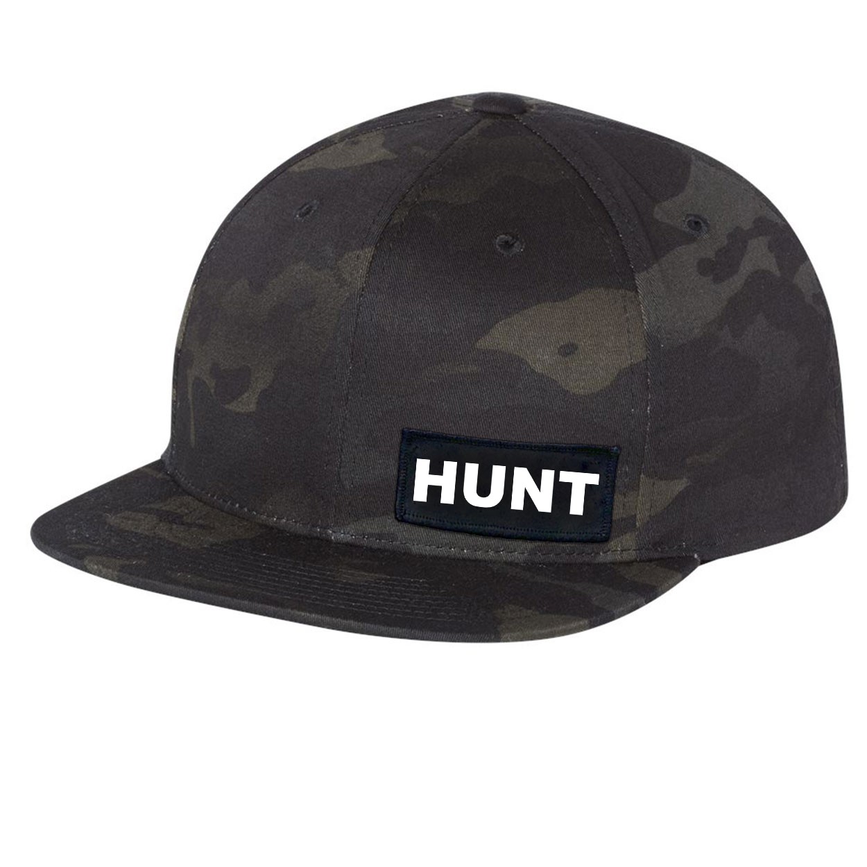 Hunt Brand Logo Night Out Woven Patch Flat Brim Snapback Hat Black Camo (White Logo)