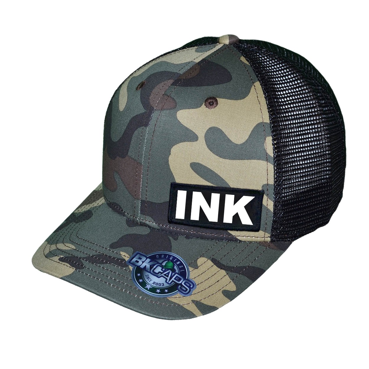 Ink Brand Logo Night Out Woven Patch Snapback Trucker Hat Khaki/Camo (White Logo)
