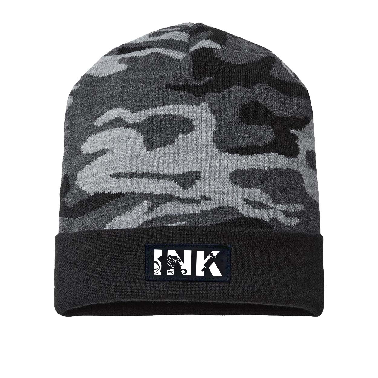 Ink Tattoo Logo Night Out Patch Roll Up Skully Beanie Urban Camo (White Logo)