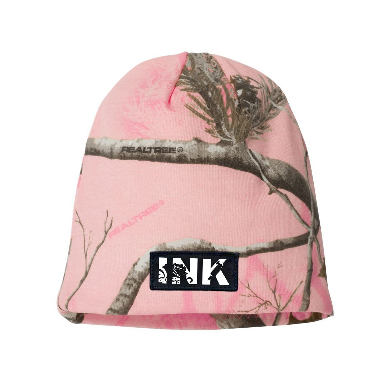Ink Tattoo Logo Night Out Woven Patch Skully Beanie Realtree AP Pink Camo (White Logo)
