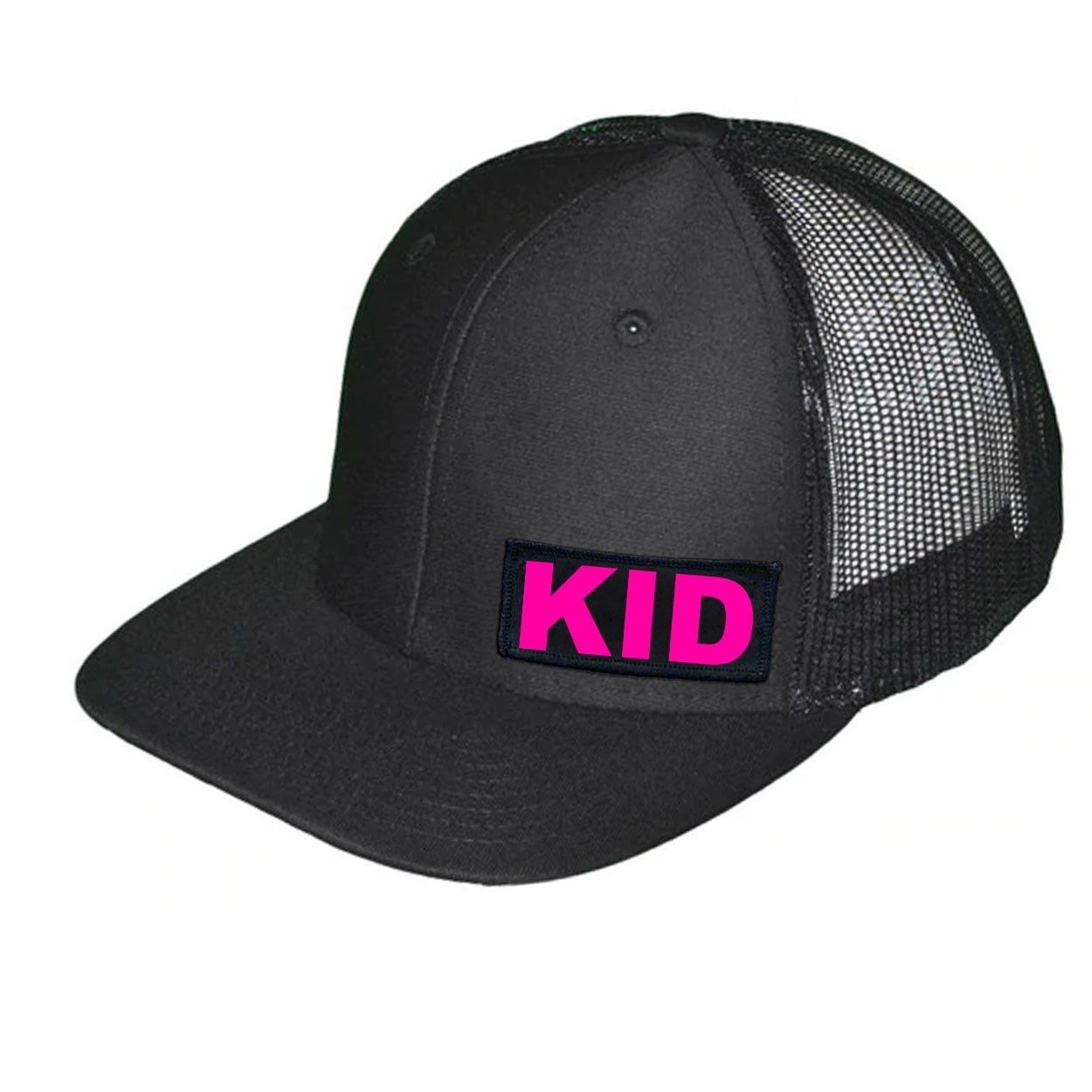 Kid Brand Logo Night Out Woven Patch Snapback Trucker Hat Black (Pink Logo)