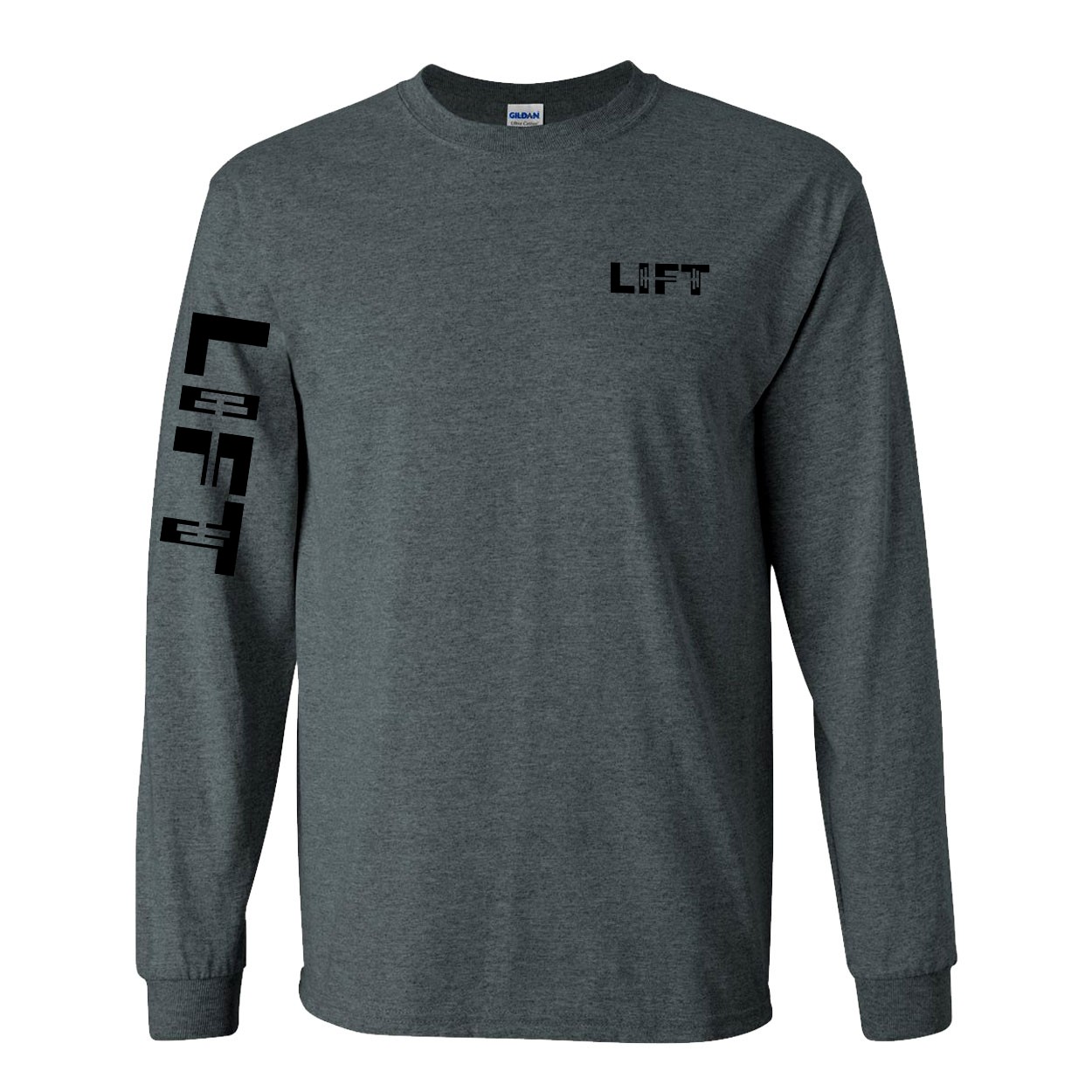 Lift Barbell Logo Night Out Long Sleeve T-Shirt with Arm Logo Dark Heather Gray (Black Logo)