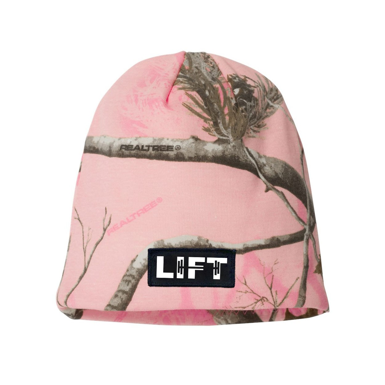 Lift Barbell Logo Night Out Woven Patch Skully Beanie Realtree AP Pink Camo (White Logo)