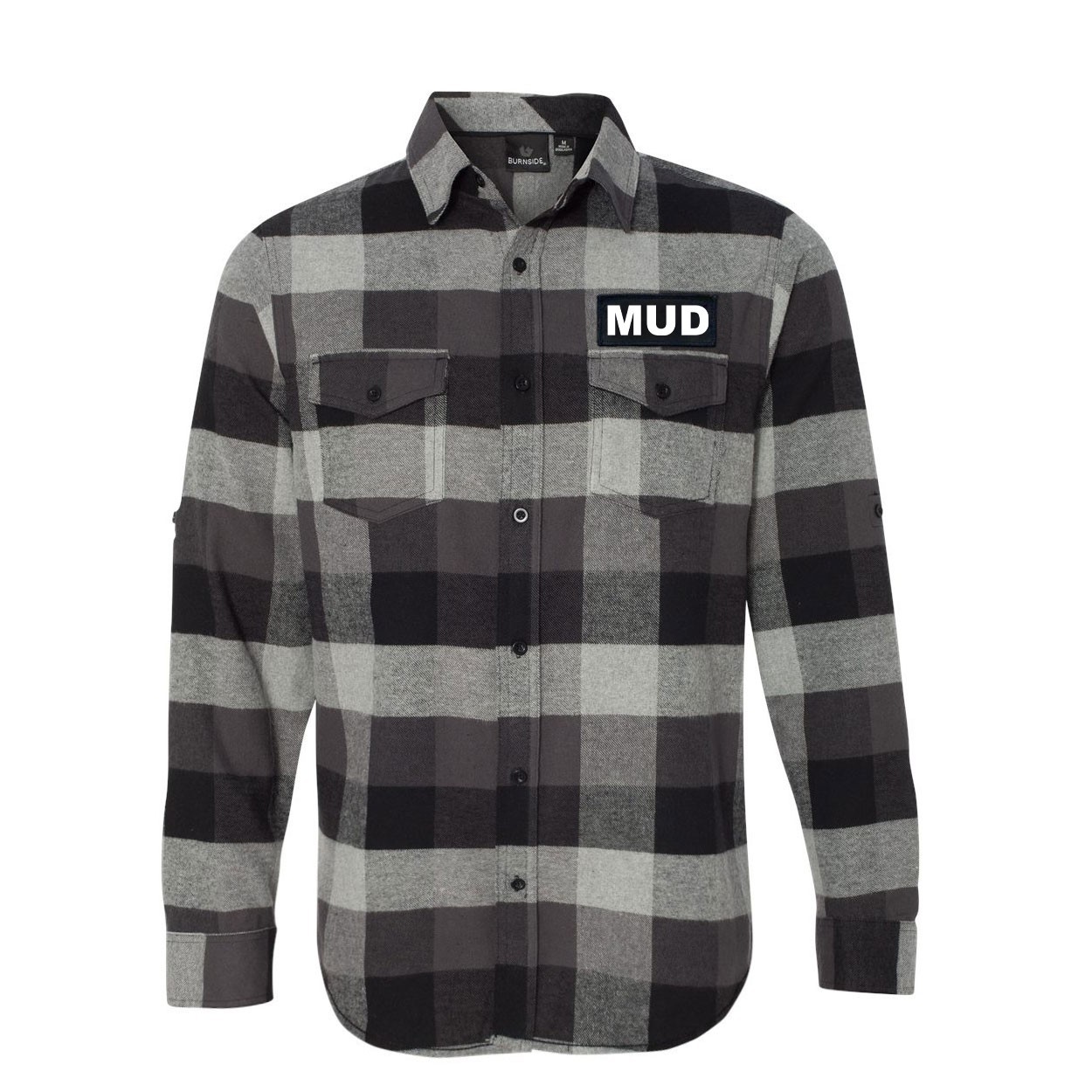 Mud Brand Logo Classic Unisex Long Sleeve Woven Patch Flannel Shirt Black/Gray (White Logo)
