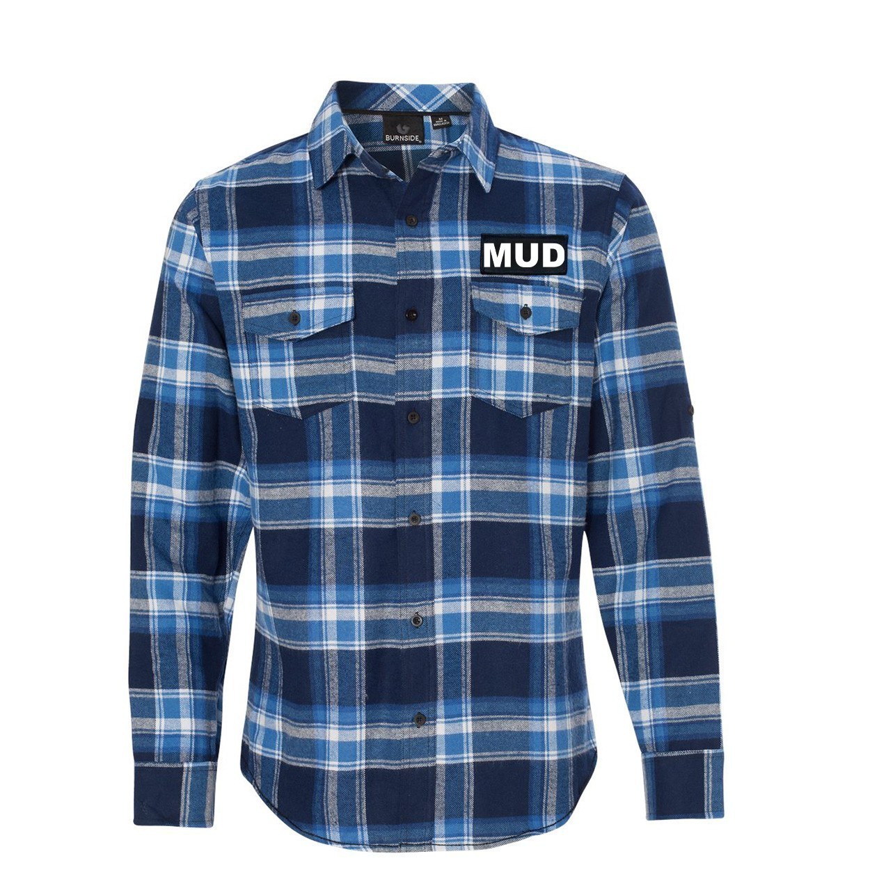 Mud Brand Logo Classic Unisex Long Sleeve Woven Patch Flannel Shirt Blue/White (White Logo)