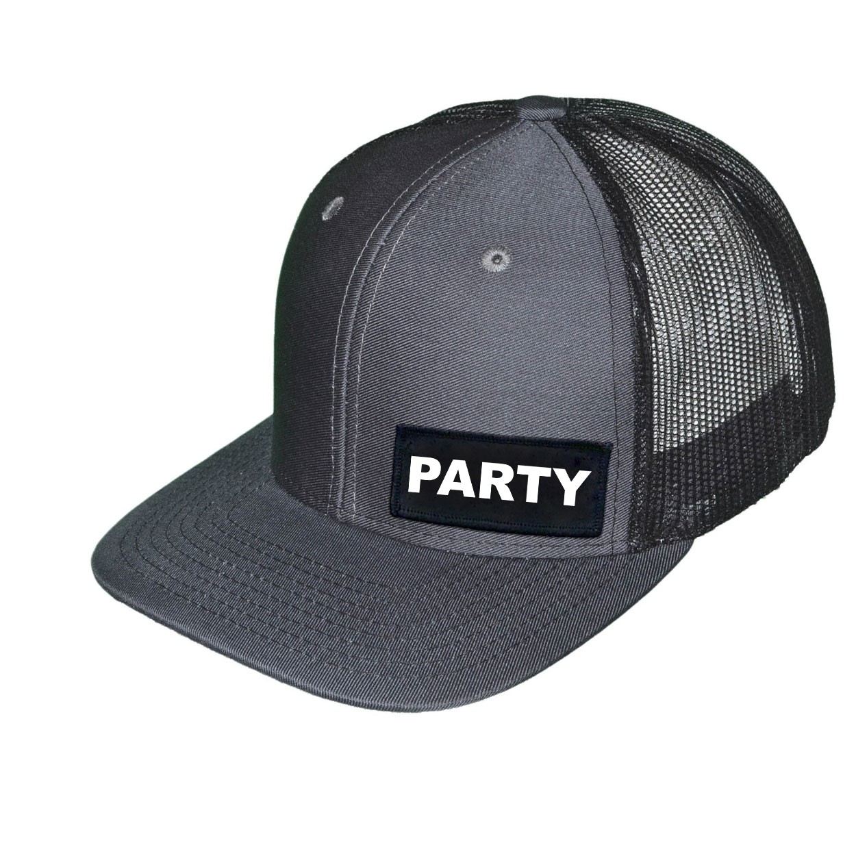 Party Brand Logo Night Out Woven Patch Snapback Trucker Hat Dark Gray/Black