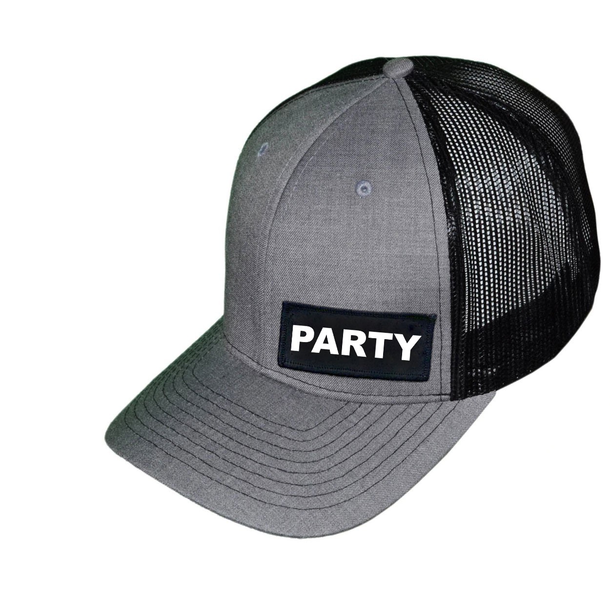 Party Brand Logo Night Out Woven Patch Snapback Trucker Hat Heather Gray/Black