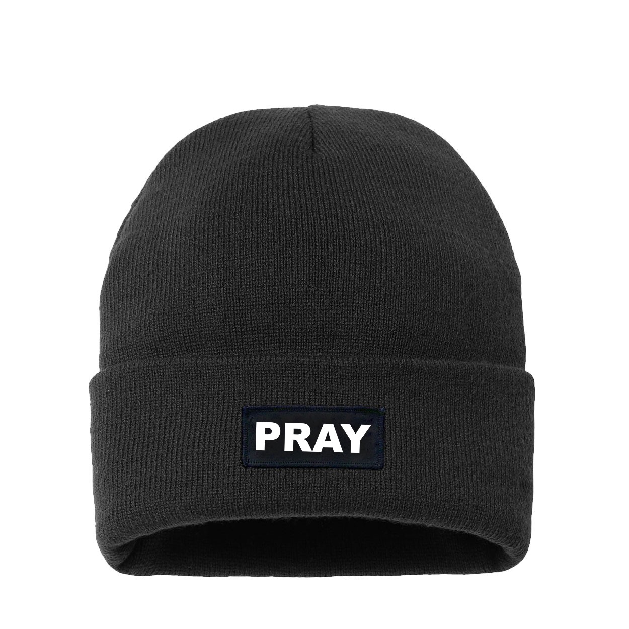 Pray Brand Logo Night Out Woven Patch Night Out Sherpa Lined Cuffed Beanie Black
