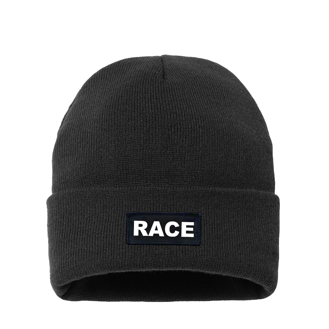 Race Brand Logo Night Out Woven Patch Night Out Sherpa Lined Cuffed Beanie Black