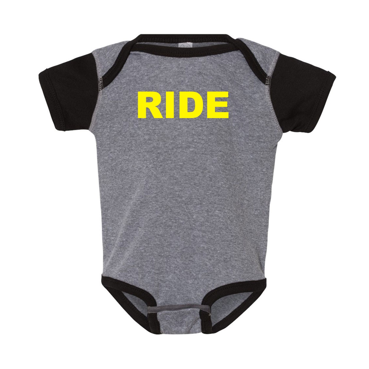 Ride Brand Logo Classic Infant Baby Onesie Heather Gray/Black Trim (Yellow Logo)