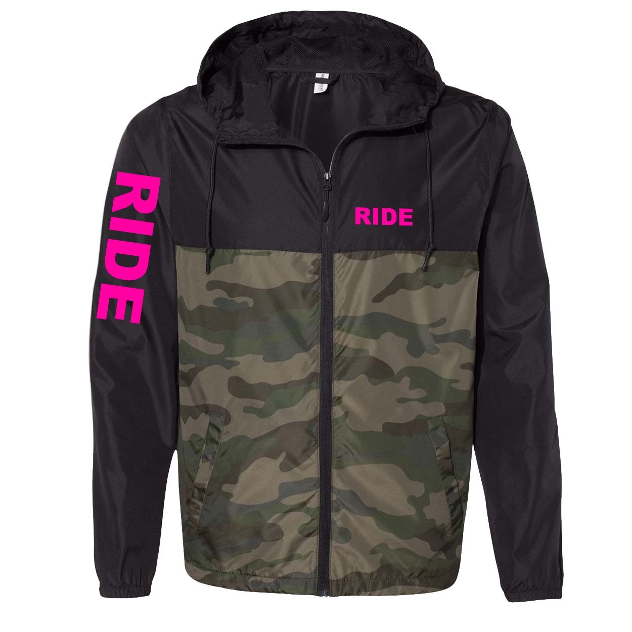 Ride Brand Logo Classic Lightweight Windbreaker Black/Forest Camo (Pink Logo)