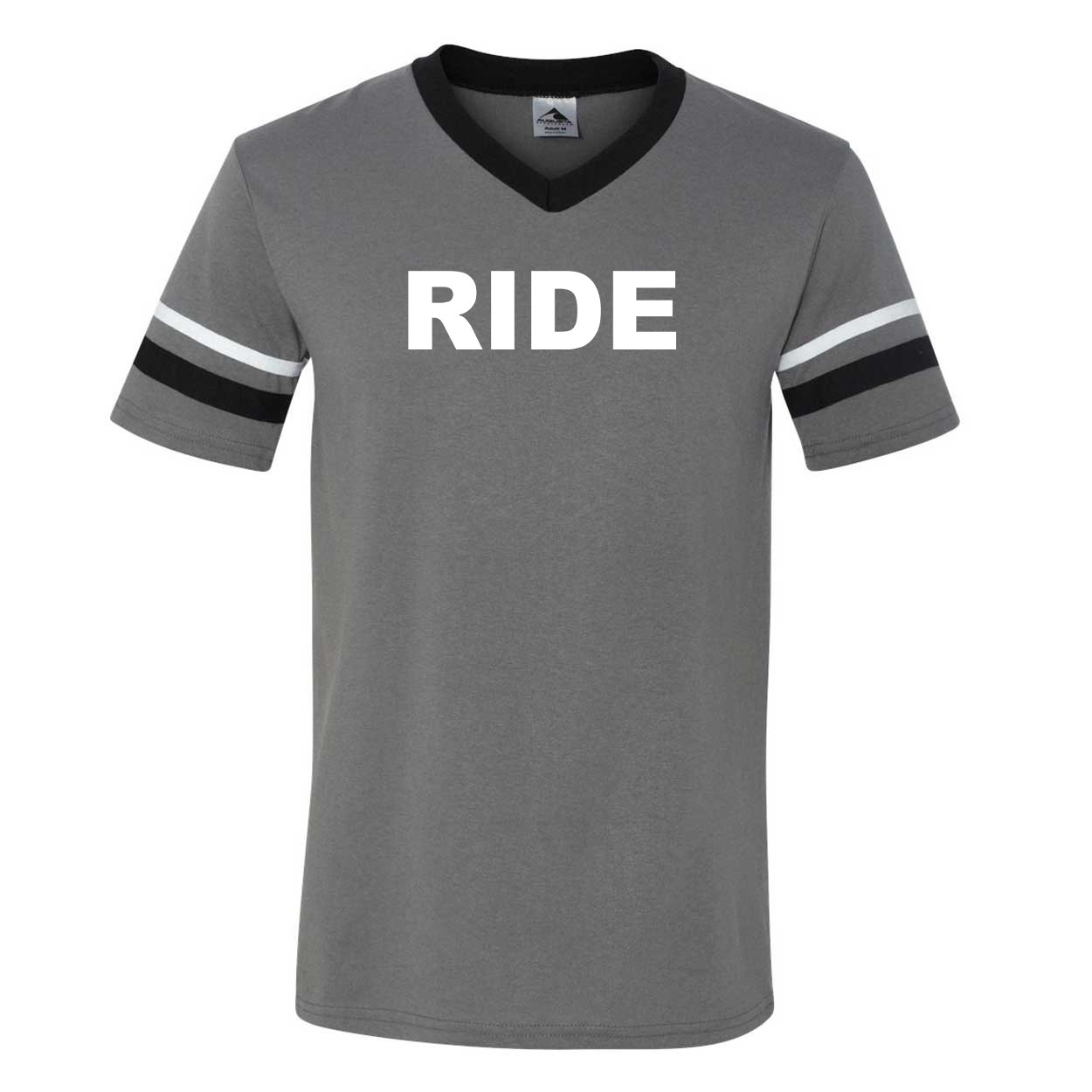 Ride Brand Logo Classic Premium Striped Jersey T-Shirt Graphite/Black/White (White Logo)