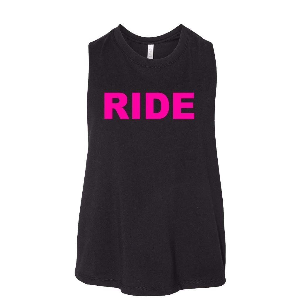 Ride Brand Logo Classic Womens Flowy Semi Cropped Tank Black (Pink Logo)