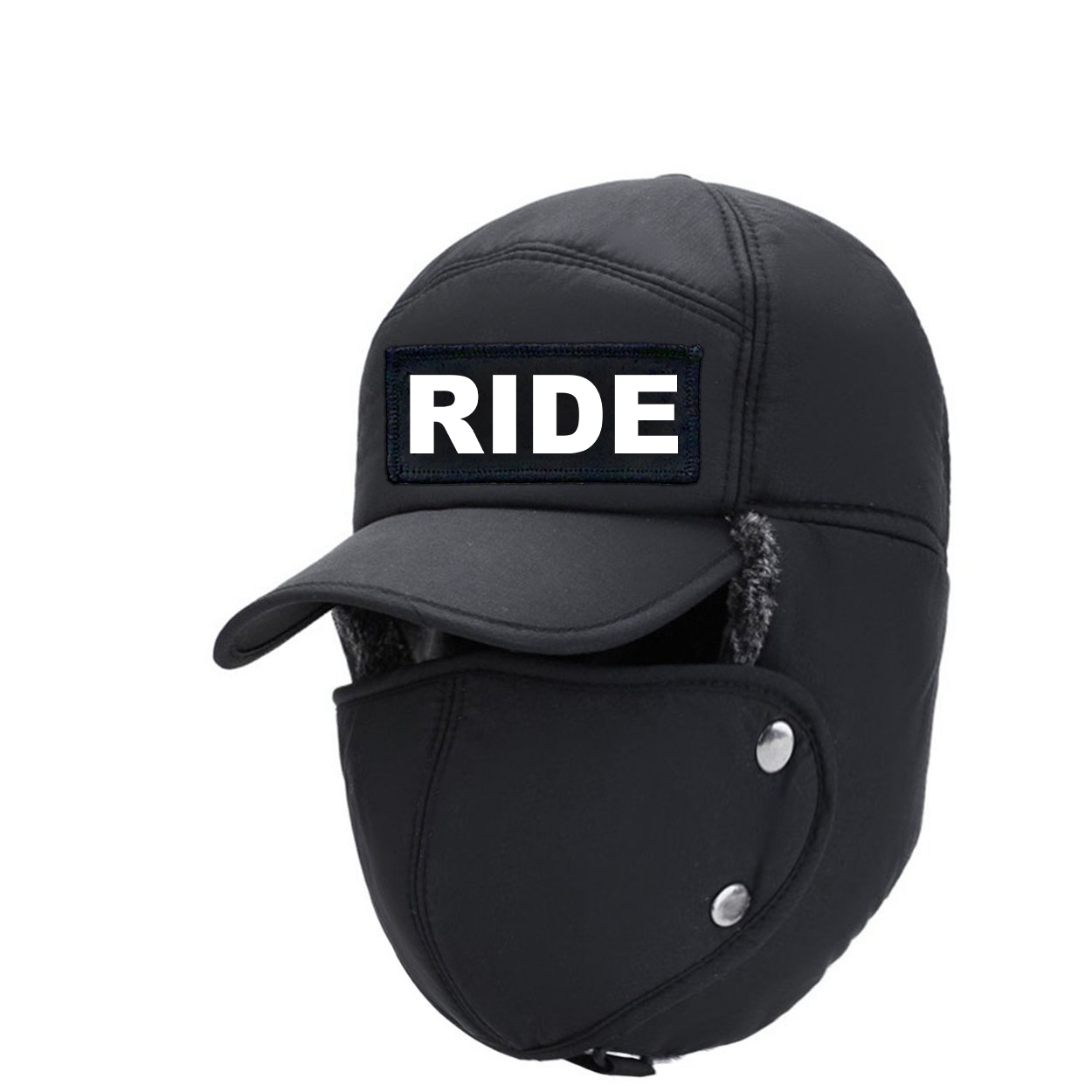 Ride Brand Logo Classic Woven Patch Full Face Windproof Bomber Hat Black (White Logo)