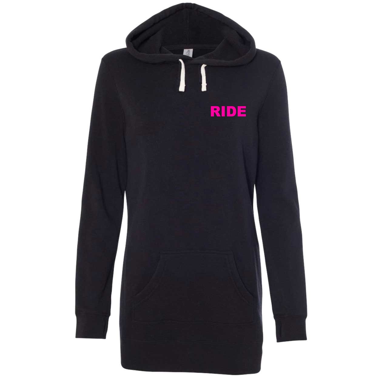 Ride Brand Logo Night Out Womens Pullover Hooded Sweatshirt Dress Black (Pink Logo)