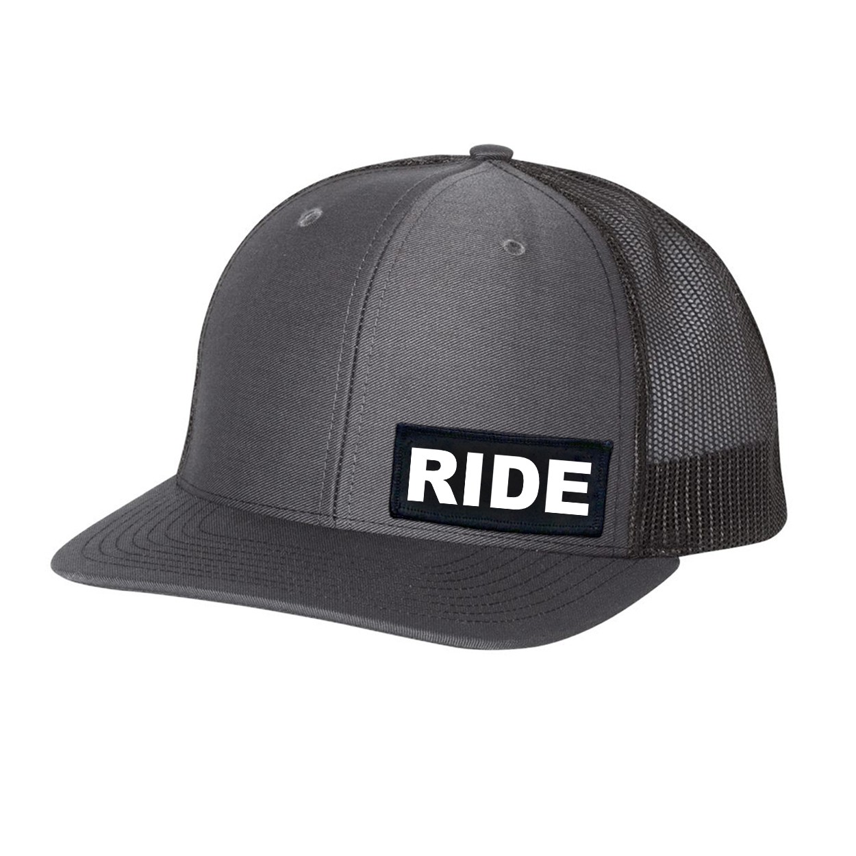 Ride Brand Logo Night Out Woven Patch Flex Fit Hat Dark Gray/Black (White Logo)