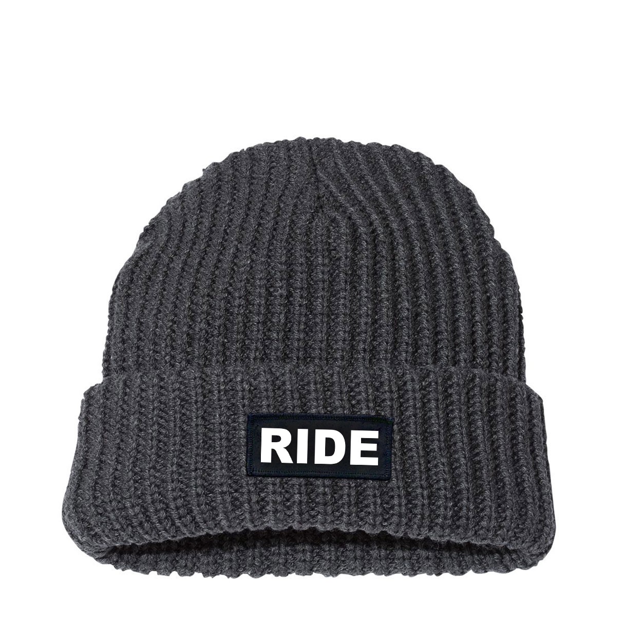 Ride Brand Logo Night Out Woven Patch Roll Up Jumbo Chunky Knit Beanie Charcoal (White Logo)