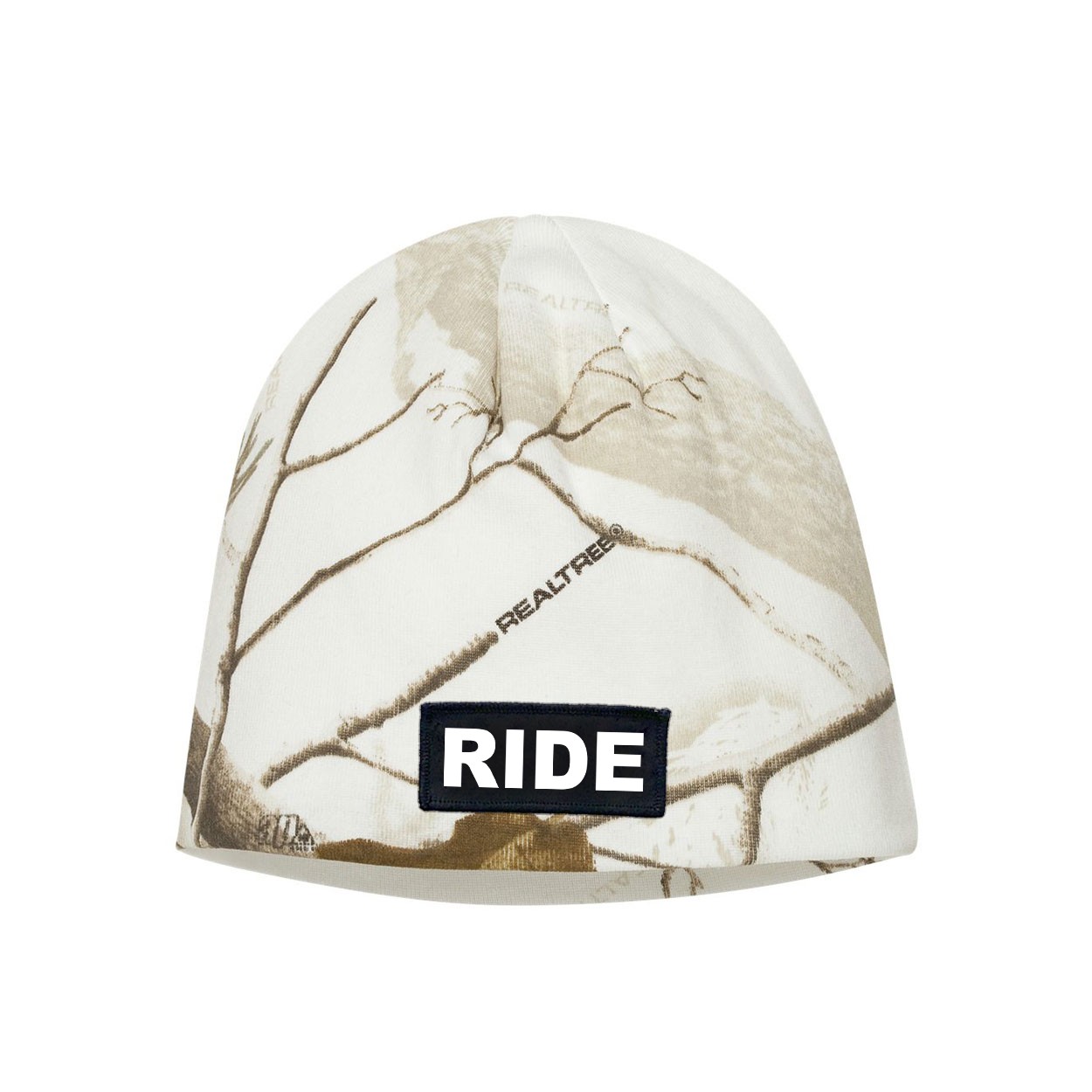 Ride Brand Logo Night Out Woven Patch Skully Beanie Realtree AP White Snow Camo (White Logo)