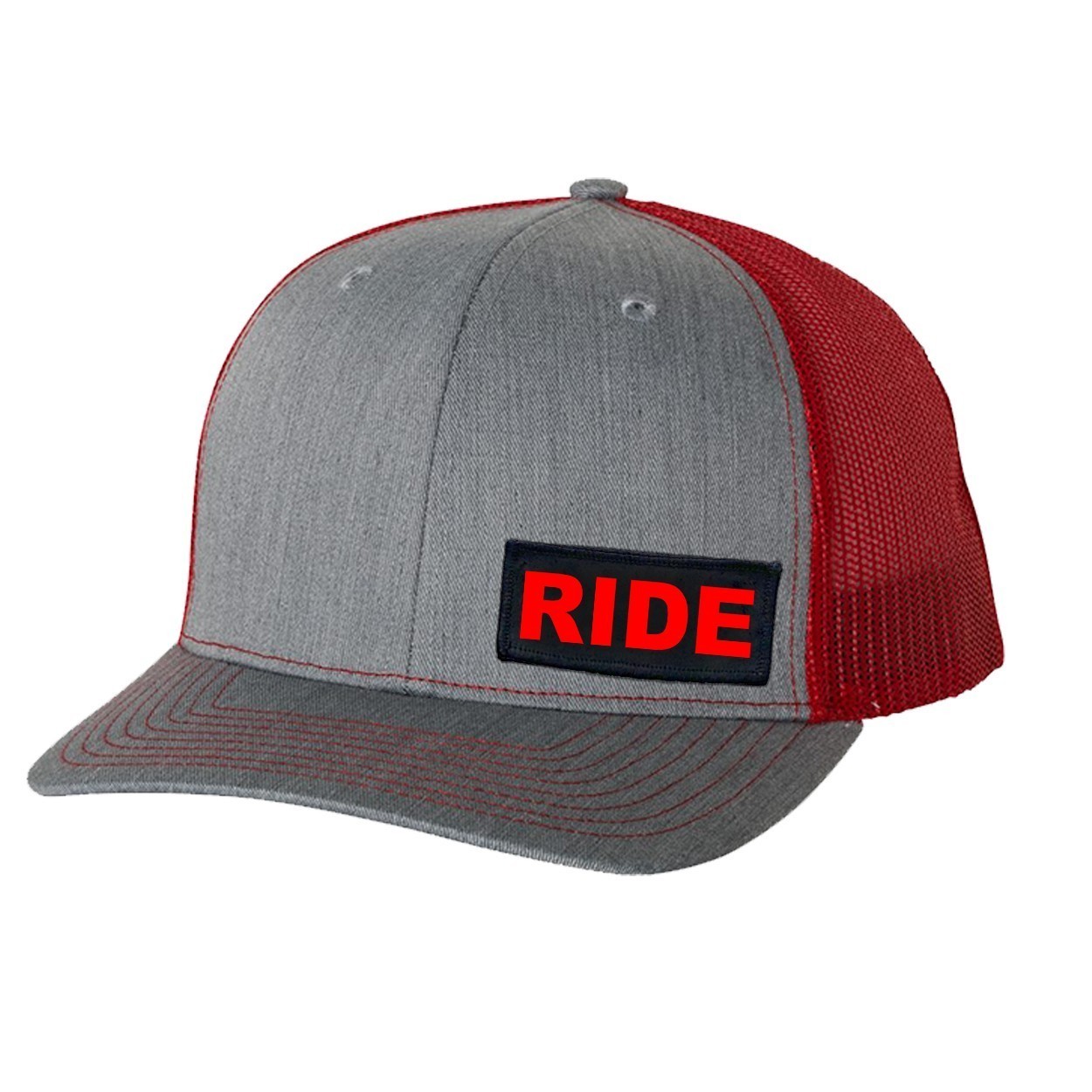 Ride Brand Logo Night Out Woven Patch Snapback Trucker Hat Heather Heather Grey/Red (Red Logo)
