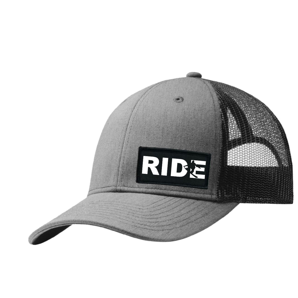 Ride Snowboard Logo Night Out Woven Patch Snapback Trucker Hat Heather Gray/Black (White Logo)