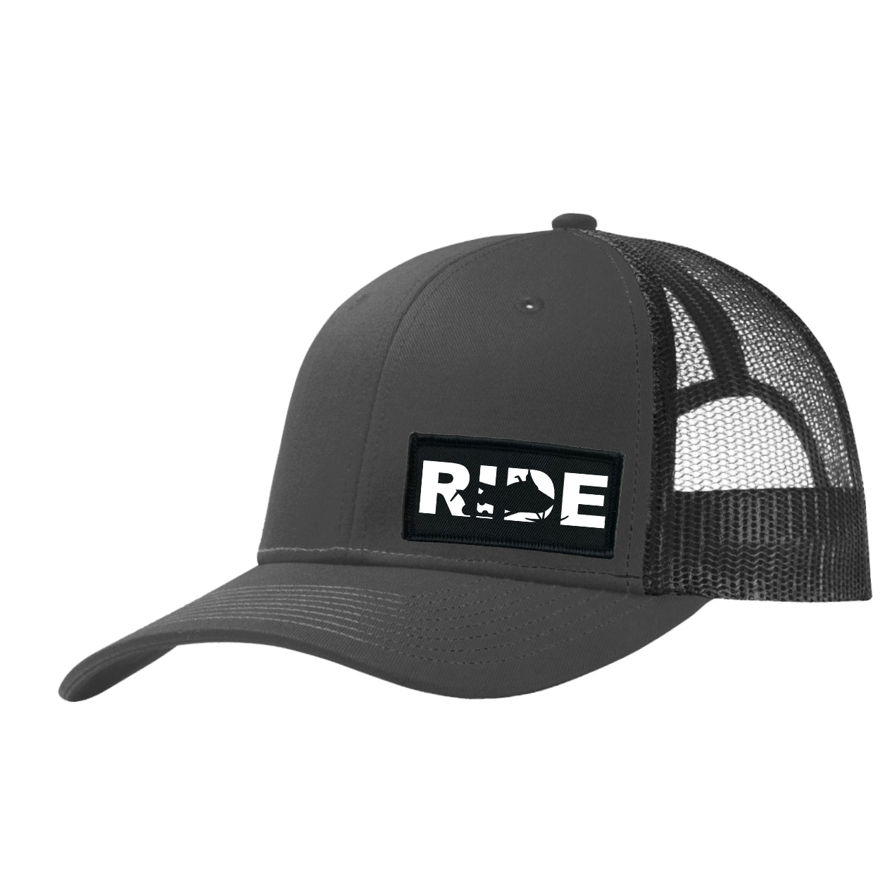 Ride Snowmobile Logo Night Out Woven Patch Snapback Trucker Hat Dark Gray/Black (White Logo)
