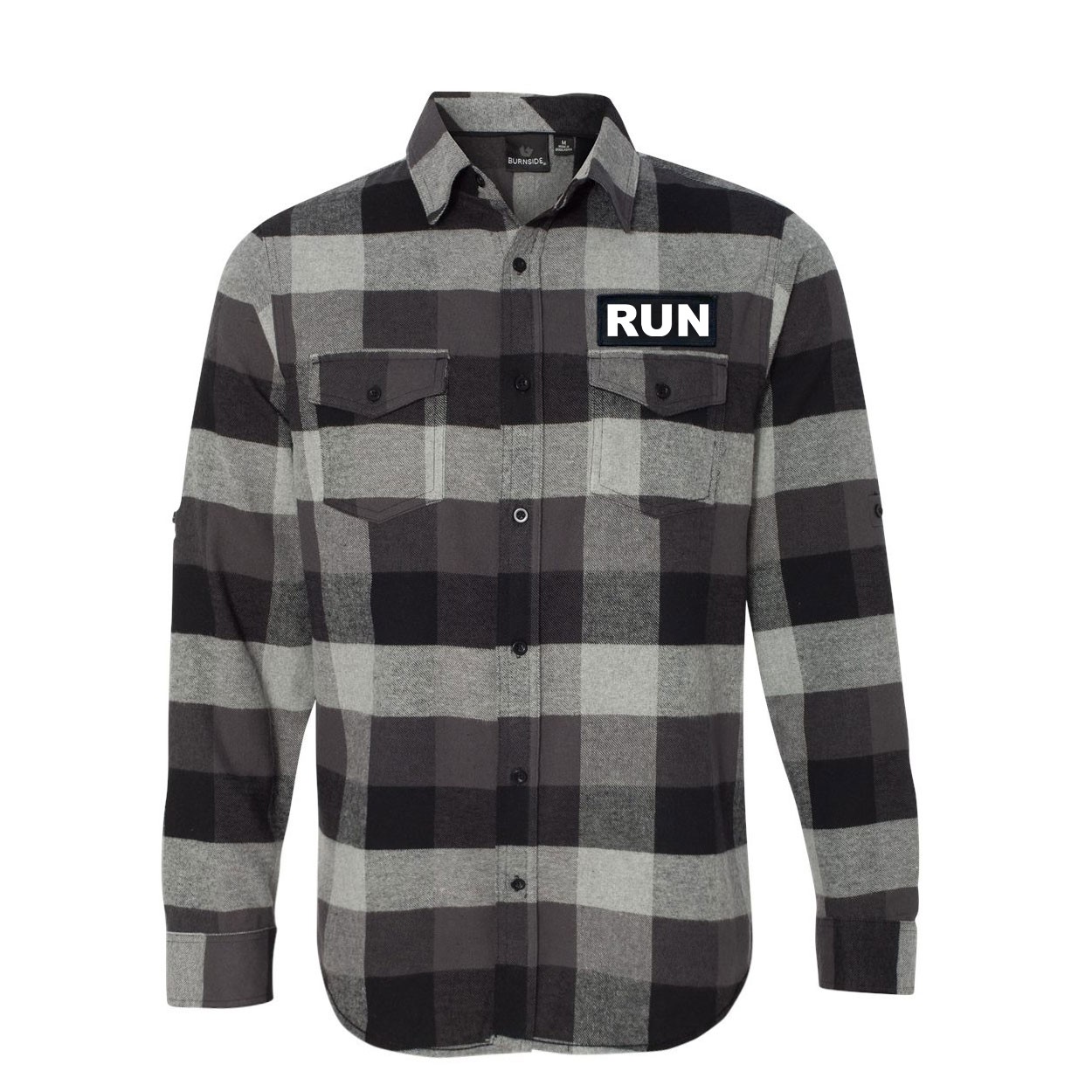 Run Brand Logo Classic Unisex Long Sleeve Woven Patch Flannel Shirt Black/Gray (White Logo)