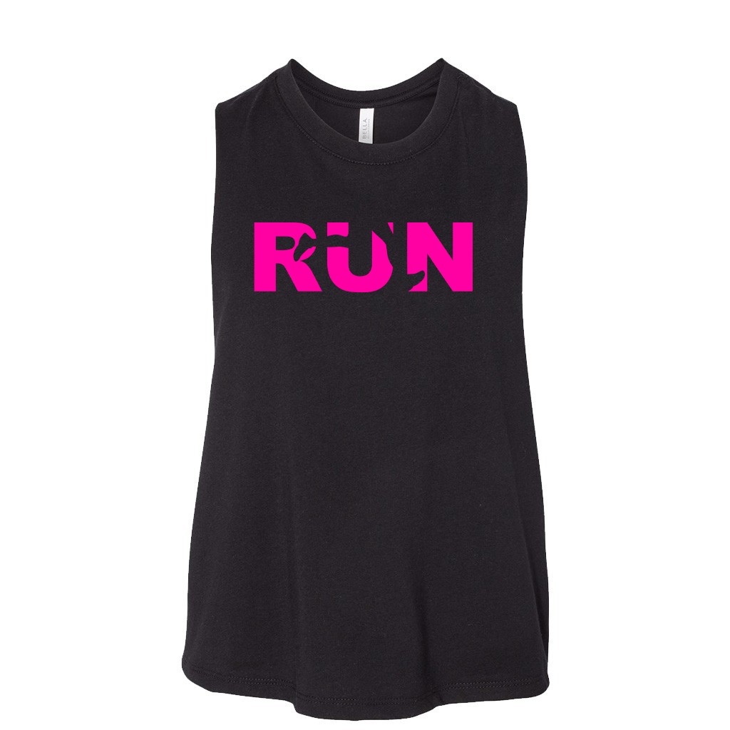 Run Jog Logo Classic Womens Flowy Semi Cropped Tank Black (Pink Logo)