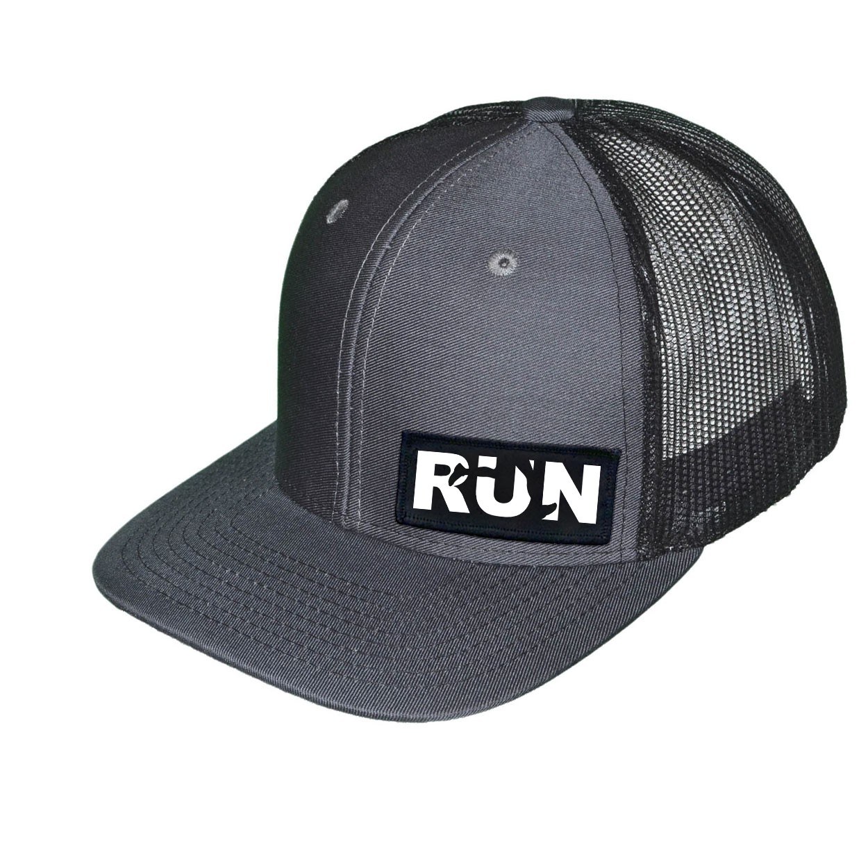 Run Jog Logo Night Out Woven Patch Snapback Trucker Hat Dark Gray/Black