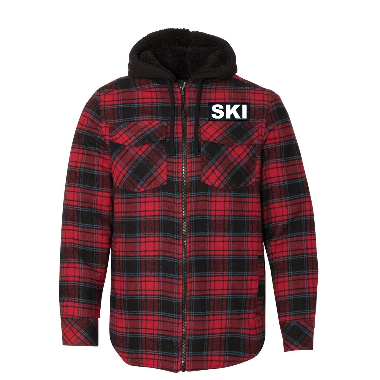 Ski Brand Logo Classic Unisex Full Zip Woven Patch Hooded Flannel Jacket Red/Black Buffalo (White Logo)
