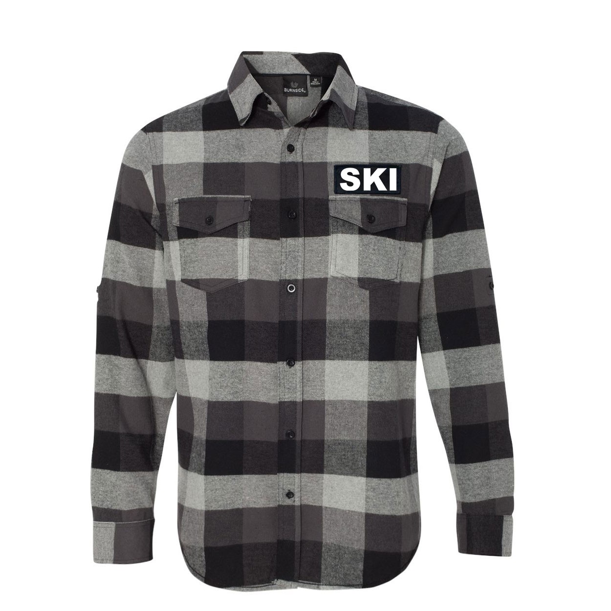 Ski Brand Logo Classic Unisex Long Sleeve Woven Patch Flannel Shirt Black/Gray (White Logo)