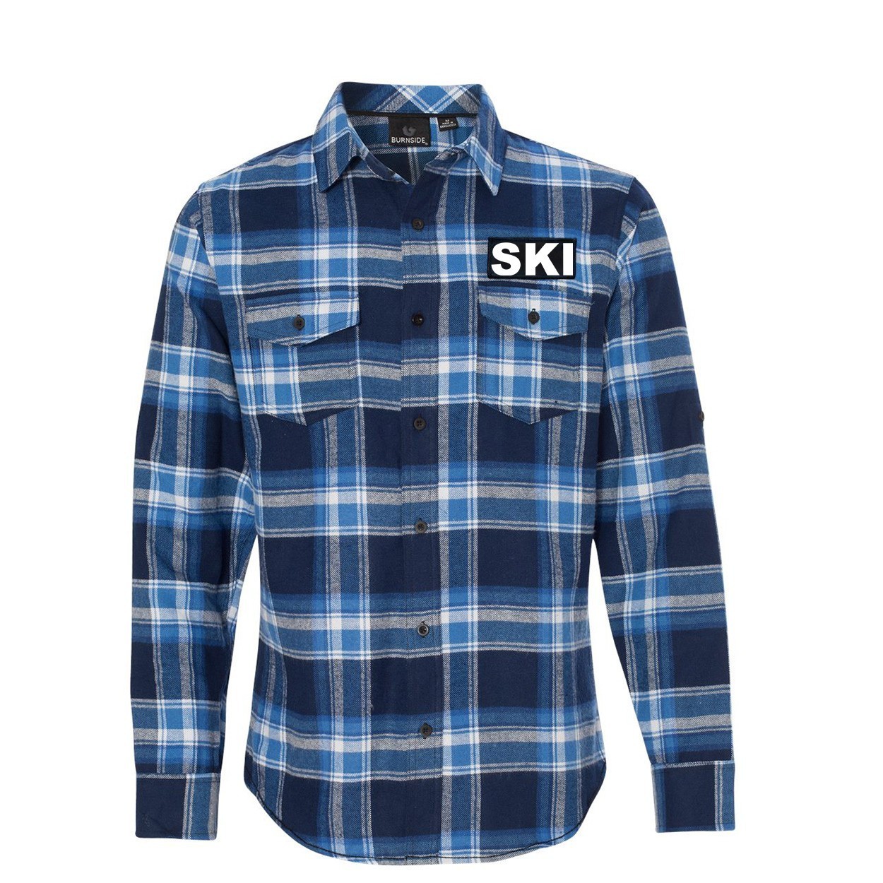Ski Brand Logo Night Out Rectangle Woven Patch Flannel Shirt Long Sleeve Blue/White