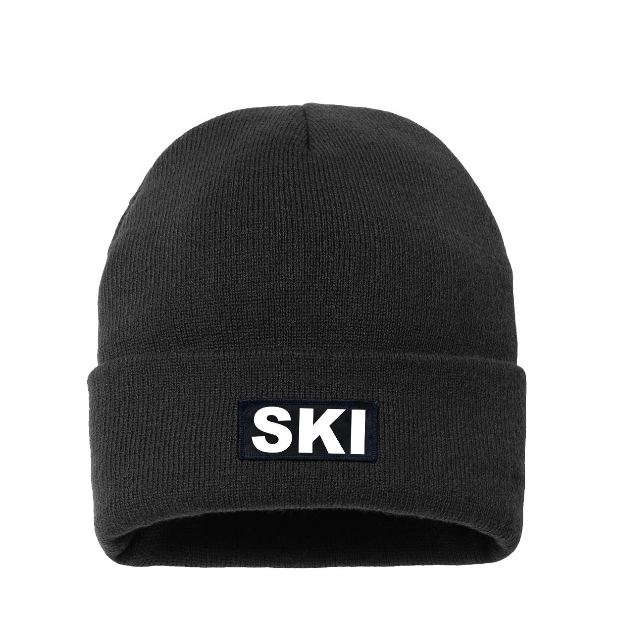 Ski Brand Logo Night Out Woven Patch Night Out Sherpa Lined Cuffed Beanie Black