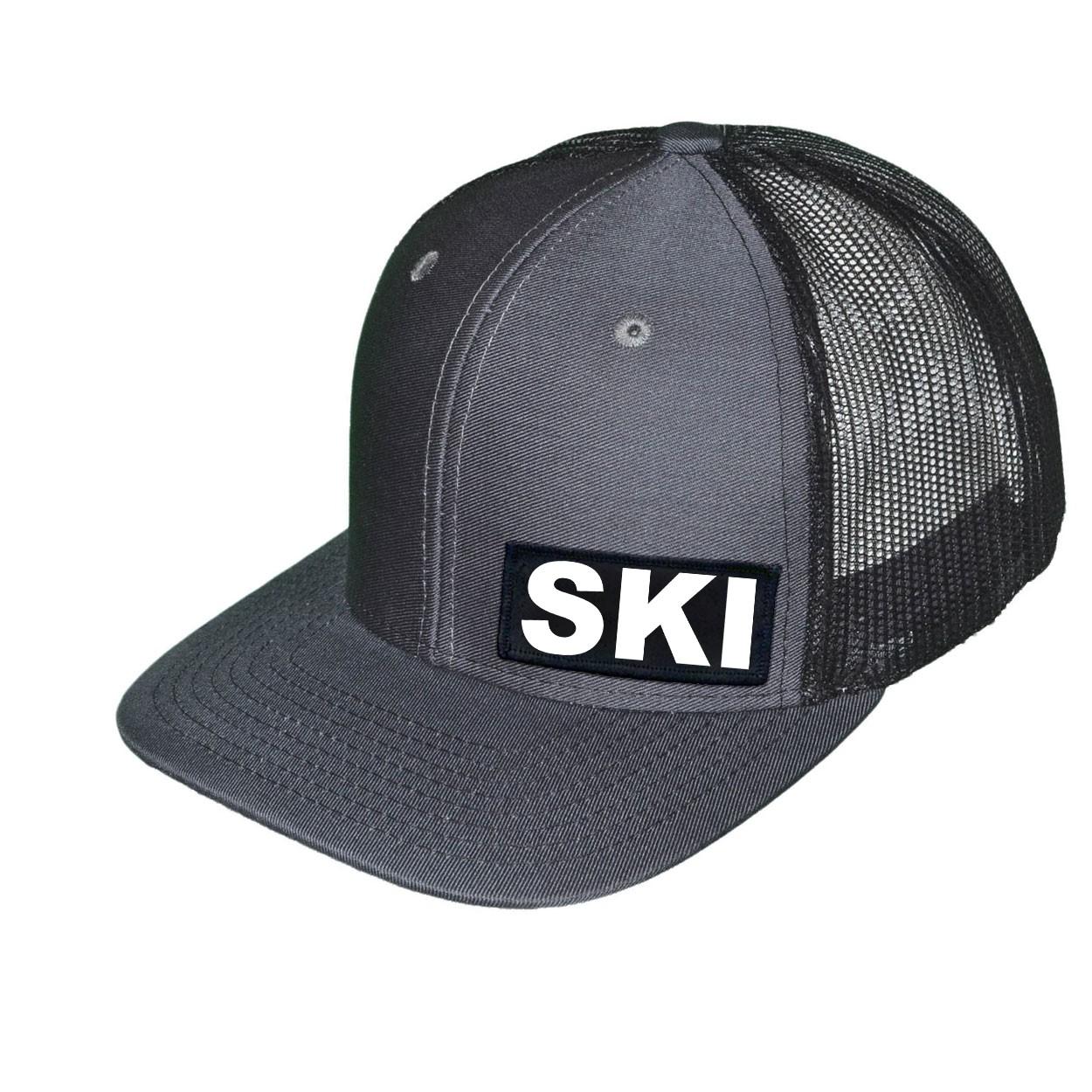 Ski Brand Logo Night Out Woven Patch Snapback Trucker Hat Dark Gray/Black (White Logo)