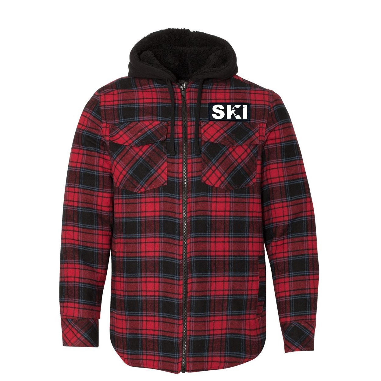 Ski Downhill Logo Classic Unisex Full Zip Woven Patch Hooded Flannel Jacket Red/Black Buffalo (White Logo)