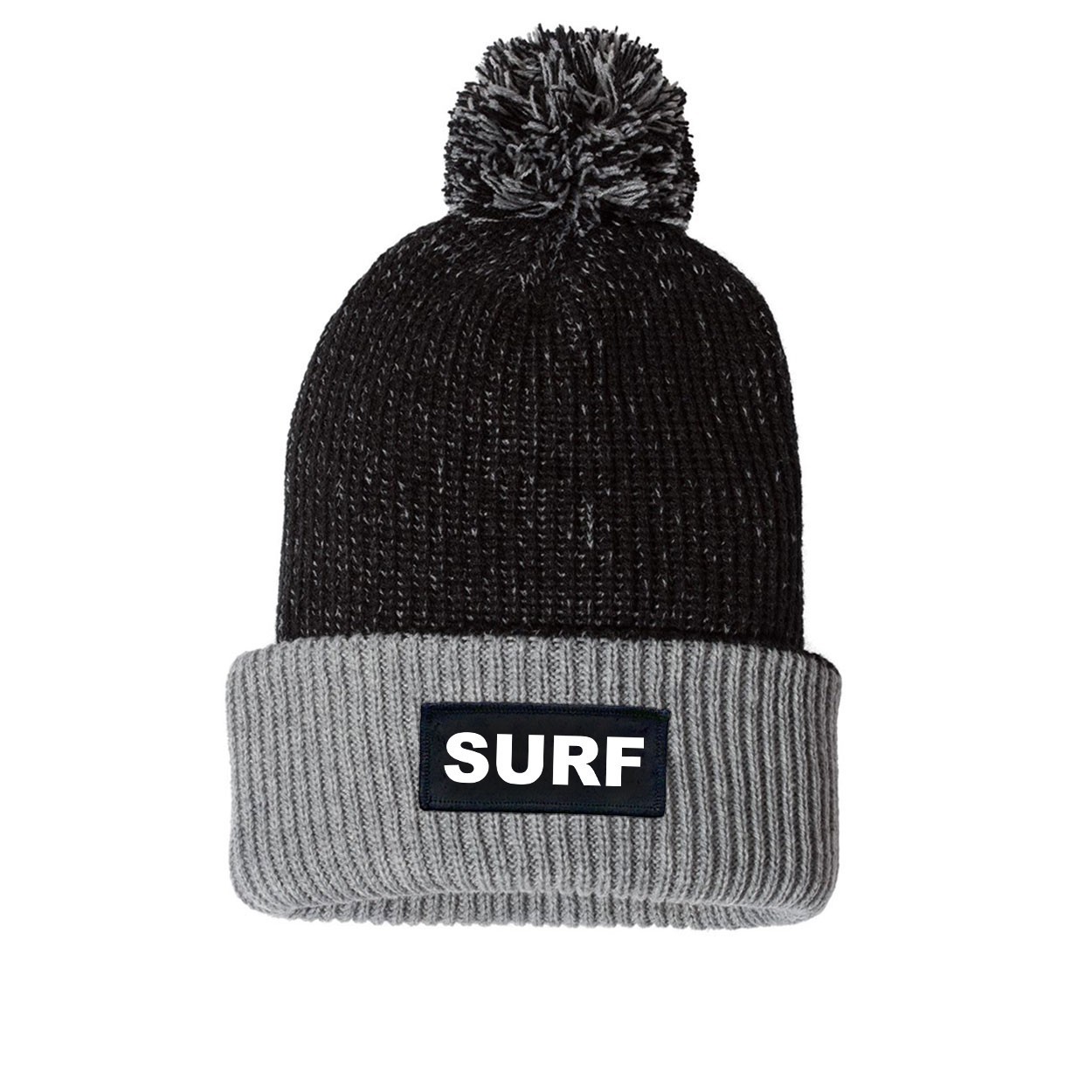 Surf Brand Logo Night Out Woven Patch Roll Up Pom Knit Beanie Black/Gray (White Logo)
